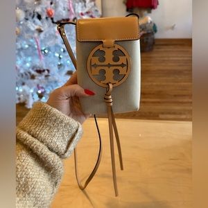 TORY BURCH Leather Trim Canvas Crossbody Bag